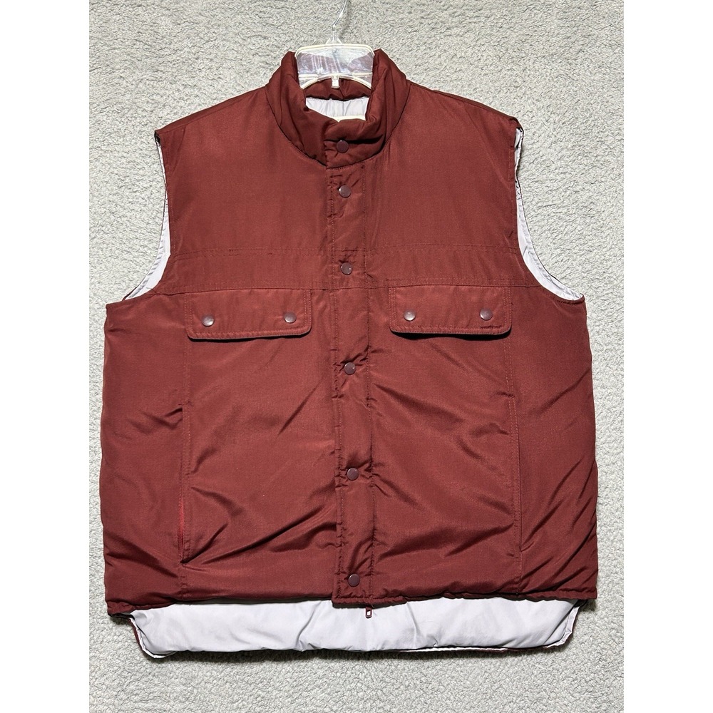 Vintage 70s Sears Mens Store Duck‎ Down L Brown Puffer Vest Snap Pockets Rancher